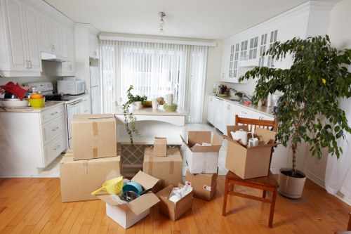 Packing boxes and furniture prepared for a Westkensington move
